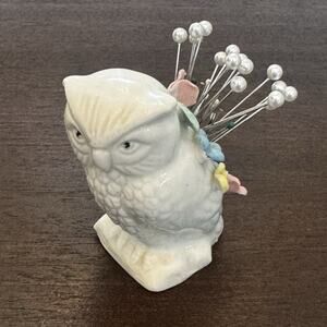 VTG "Bone China" Owl Pin Cushion Sewing Figurine 3" Taiwan Cottage Core Crafts